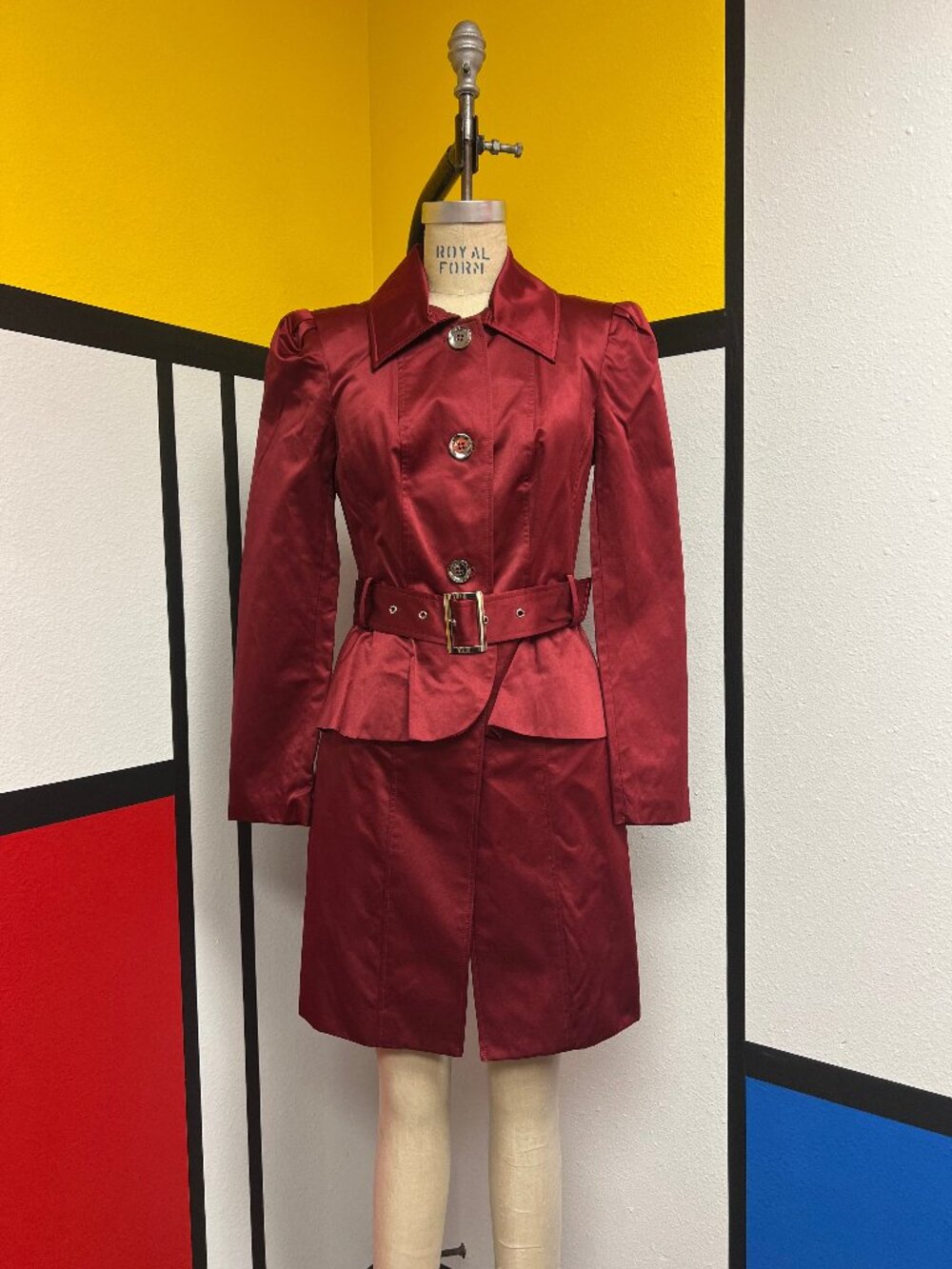 NWT Bebe Maroon Satin Belted Peplum Trench Coat Princess Sleeves Small $159
